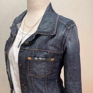 Easy Money Y2K Distressed Trucker Denim Jean Stretch Cropped Jacket Women‎ Small